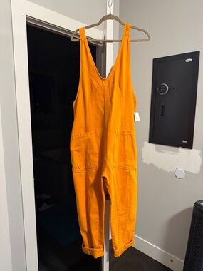 Free People Bright Orange Utility Cotton Jumpsuit